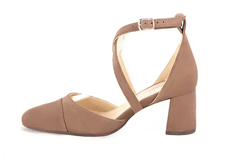 Biscuit beige women's open side shoes, with crossed straps. Round toe. Medium flare heels. Profile view - Florence KOOIJMAN